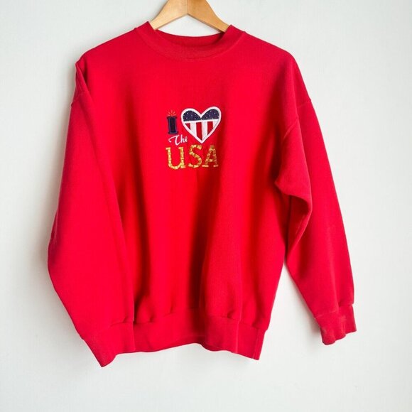 Vintage "I Heart the USA" Red Embroidered Sweatshirt MAGA L - Picture 1 of 6